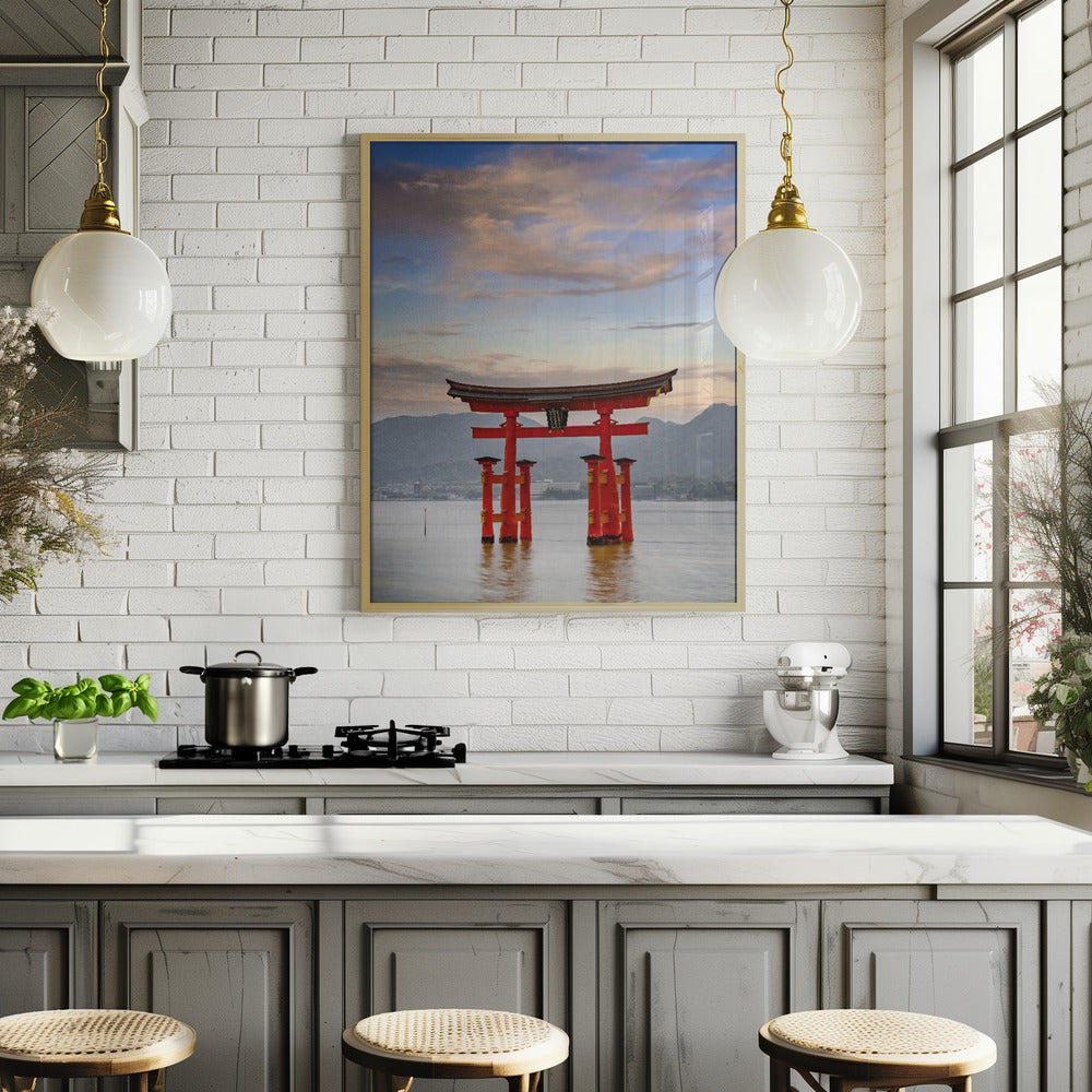 Vermilion Torii of Itsukushima Shrine on Miyajima in the evening Poster