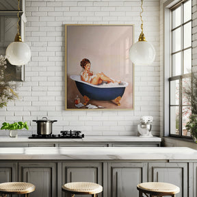 Bathtub Drinks: Pinup Girl Drinking In Bathroom Poster