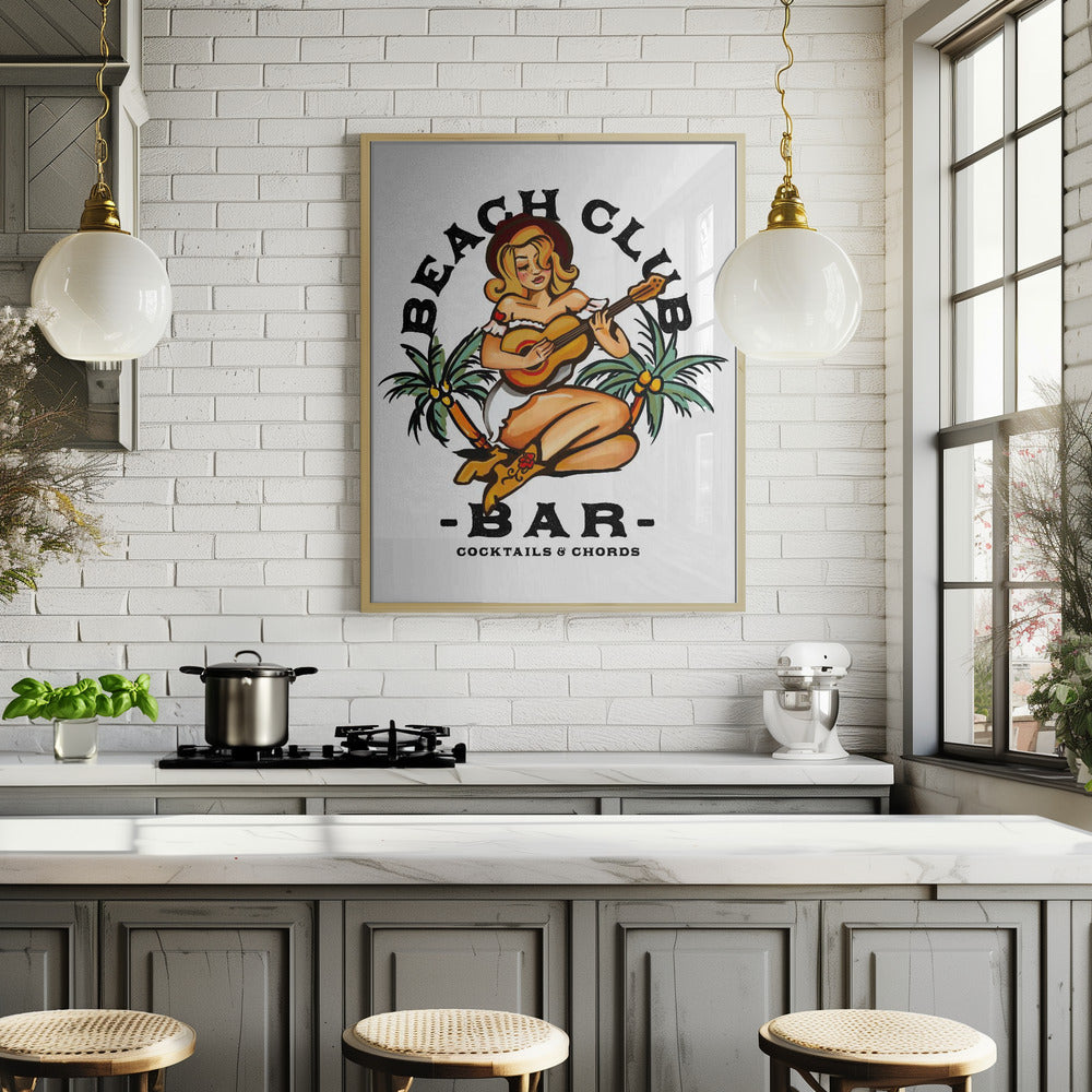 Beach Club Bar. Sailor Jerry Style Pin-up Girl Playing Guitar Poster