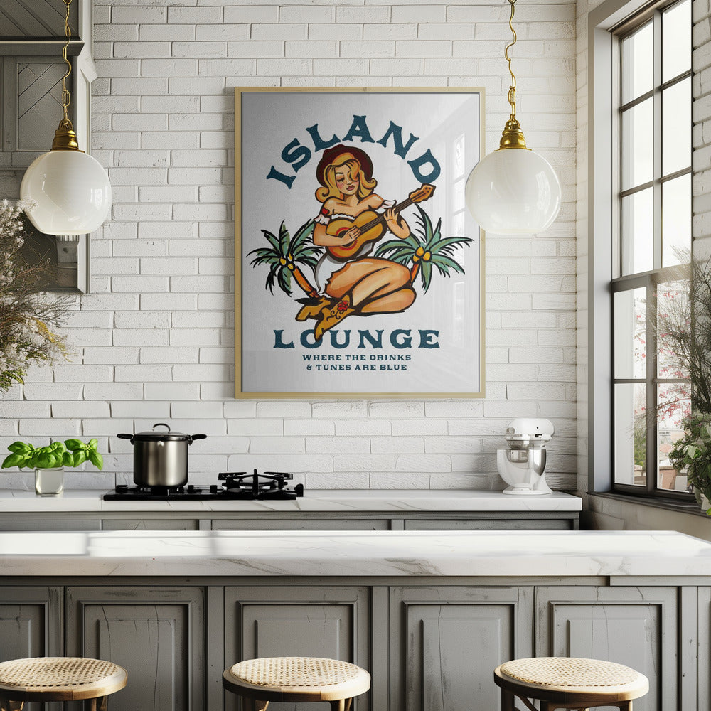 Island Lounge Tropical Pin Up Girl Playing Guitar Poster