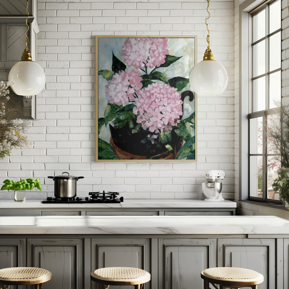 Potted pink hydrangeas Poster