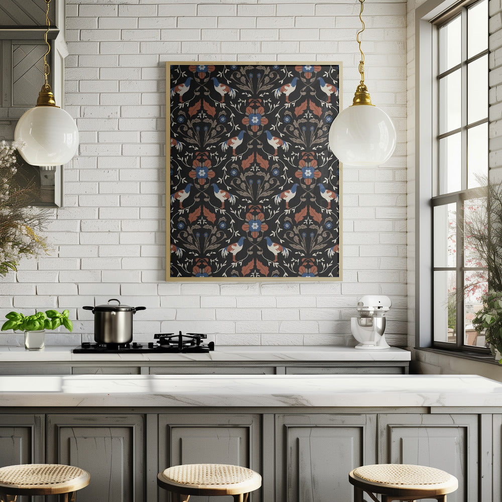 Roosters Beige Pattern Poster