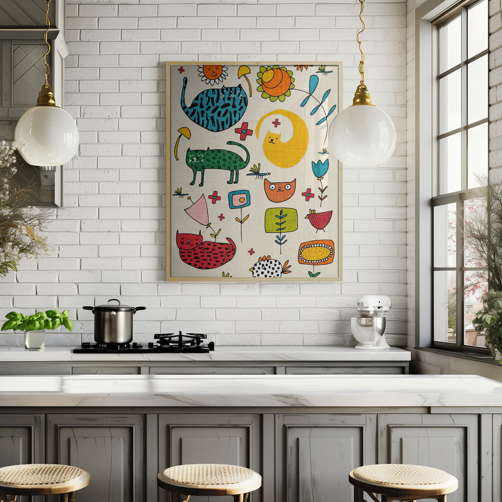 Spring Cat Beige - Cute Whimsical Cats with Flowers Poster