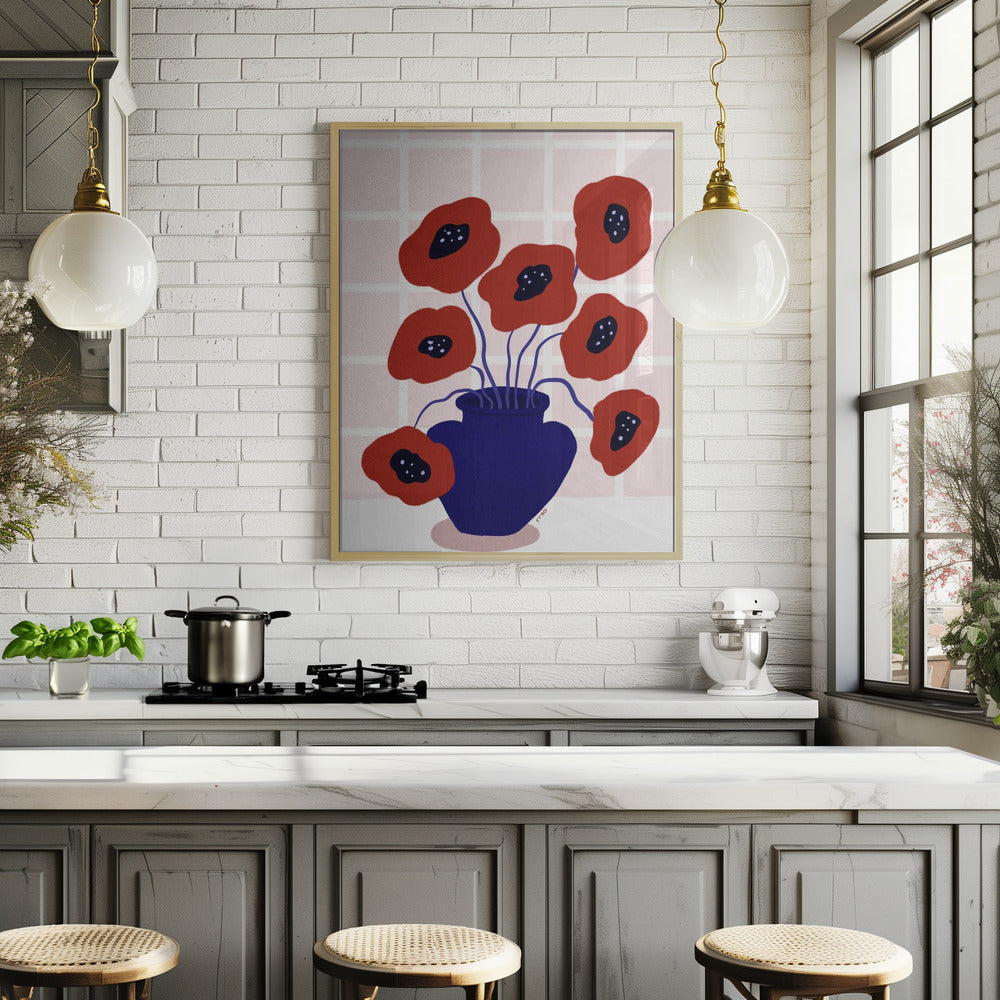 Red Poppies In a Vase Illustration Poster