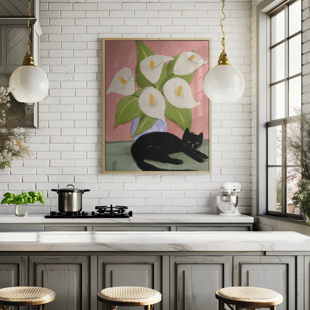 Lilies In a Vase and a Black Cat  - Still Life Illustration Poster