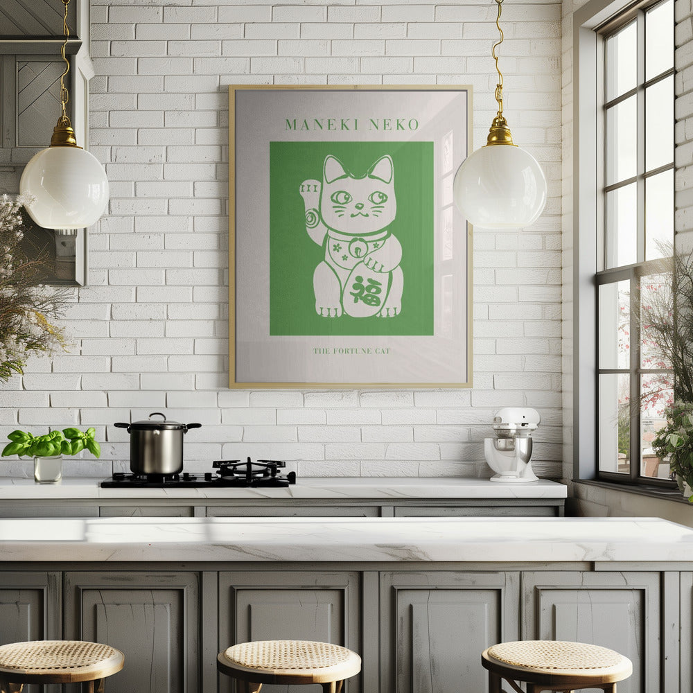 Maneki-neko Cat Green Poster