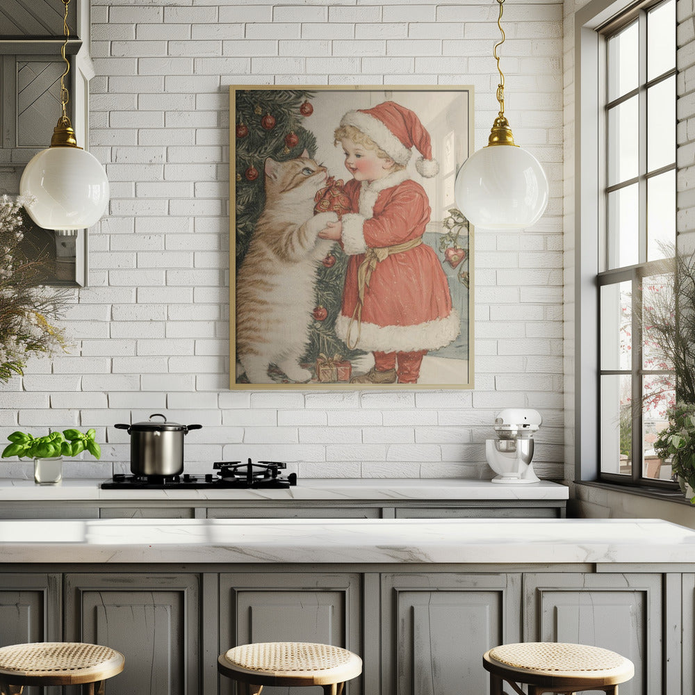 Christmas Kid and Cat Poster