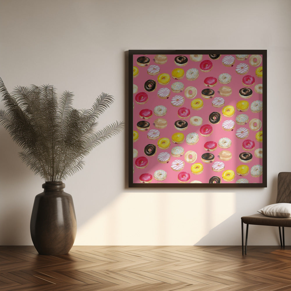 Watercolor donuts pattern in hot pink Poster