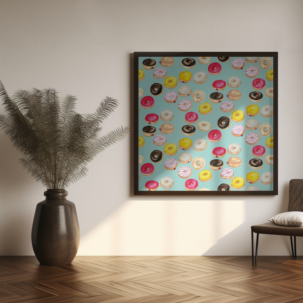 Watercolor donuts pattern in aqua Poster