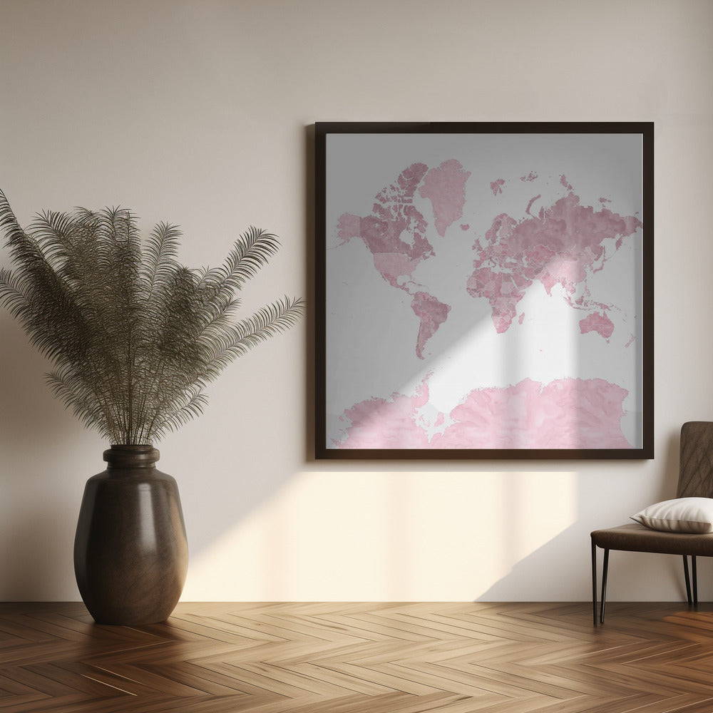 Pink watercolor world map with outlined countries, Melit Poster