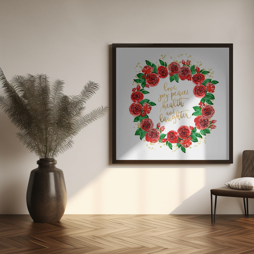 Holiday wishes wreath of red English roses Poster