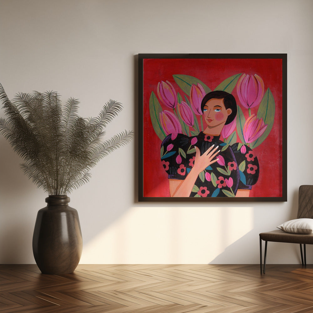 Abstract Modern Portrait Woman with Tulips Poster