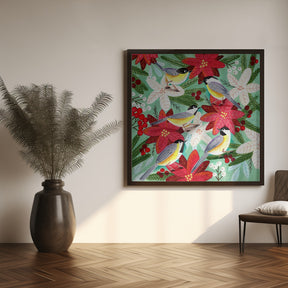 Winter birds tits and Christmas flowers Poster