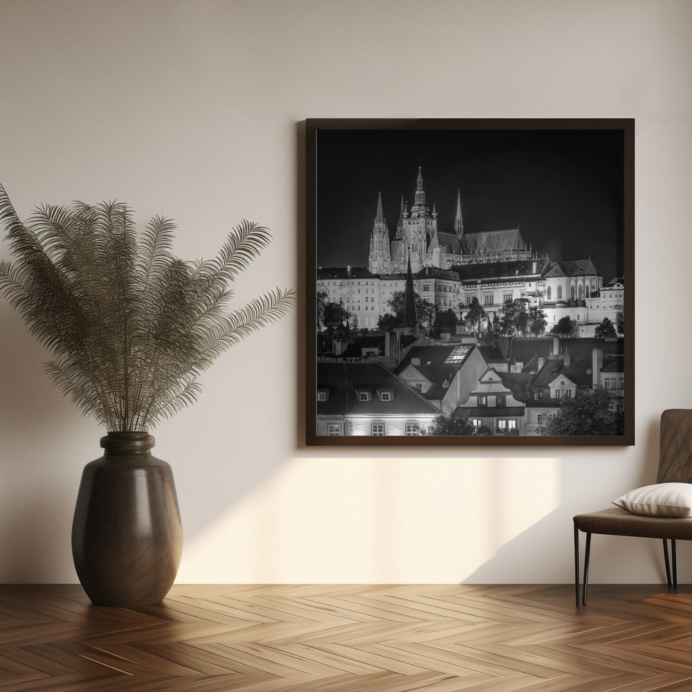 Prague Castle and St. Vitus Cathedral by night - Monochrome Poster