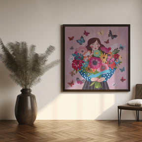 Woman with flower bouquet Poster