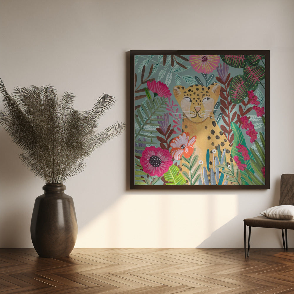 Leopard in floral jungle Poster