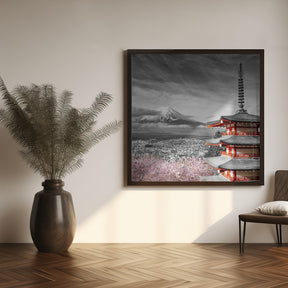 Lovely view of Mount Fuji with Chureito Pagoda during cherry blossom season - colorkey Poster