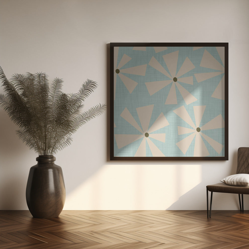 Geometric Floral Burst - Mid Century Flowers Baby Blue Poster