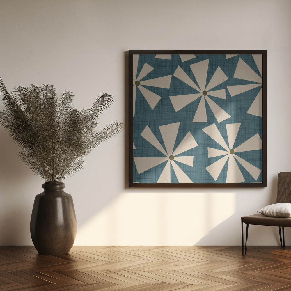 Geometric Floral Burst - Mid Century Flowers Slate Teal Poster