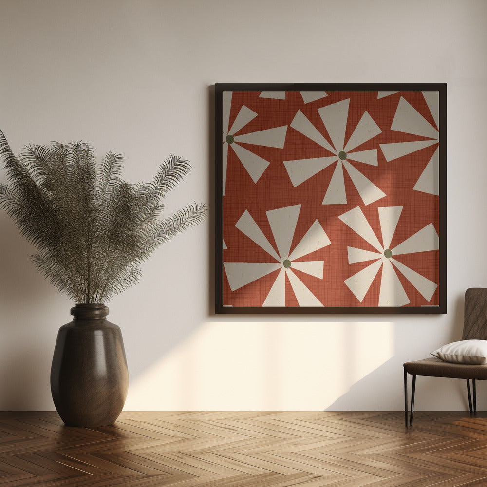 Geometric Floral Burst - Mid Century Flowers Rust Red Poster