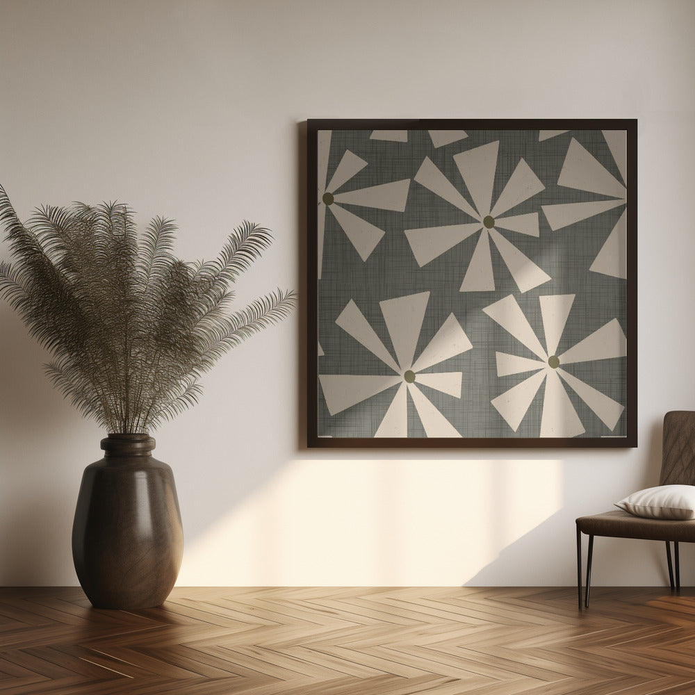 Geometric Floral Burst - Mid Century Flowers Taupe Poster