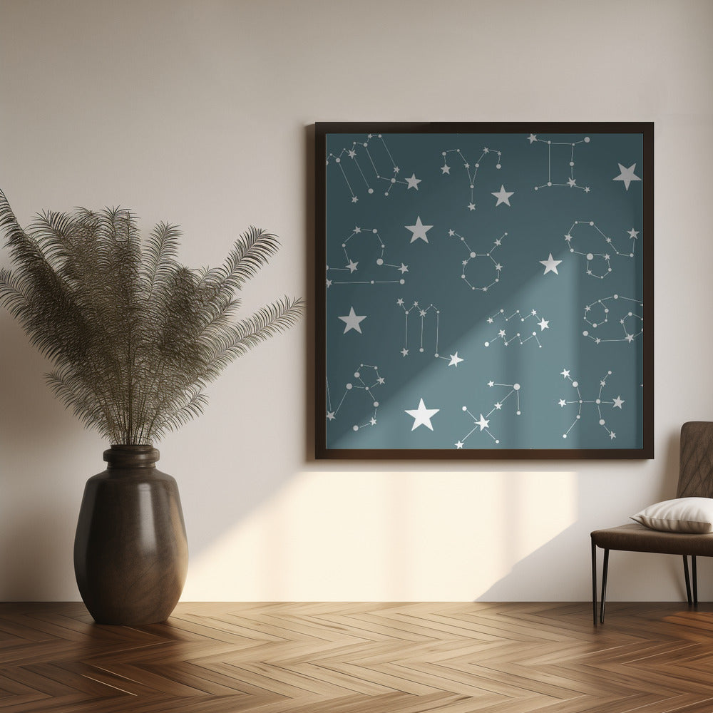 Celestial Constellation Boho-Moon and Stars In Dark Neutral-Slate Teal Poster