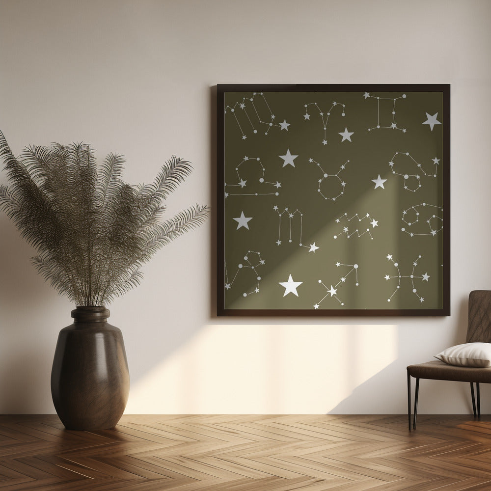 Celestial Constellation Boho-Moon and Stars In Dark Neutral-Olive Poster