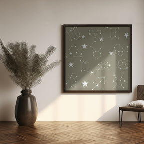 Celestial Constellation Boho-Moon and Stars In Dark Neutral - Olive Slate Poster