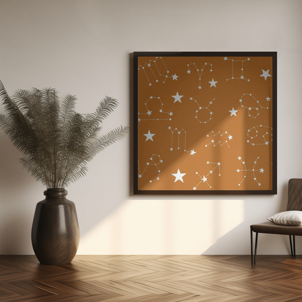 Celestial Constellation Boho-Moon and Stars In Dark Neutral- Ocher Poster