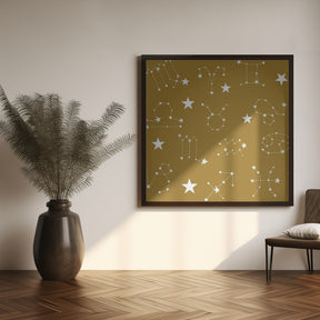 Celestial Constellation Boho-Moon and Stars In Dark Neutral-Mustard Poster