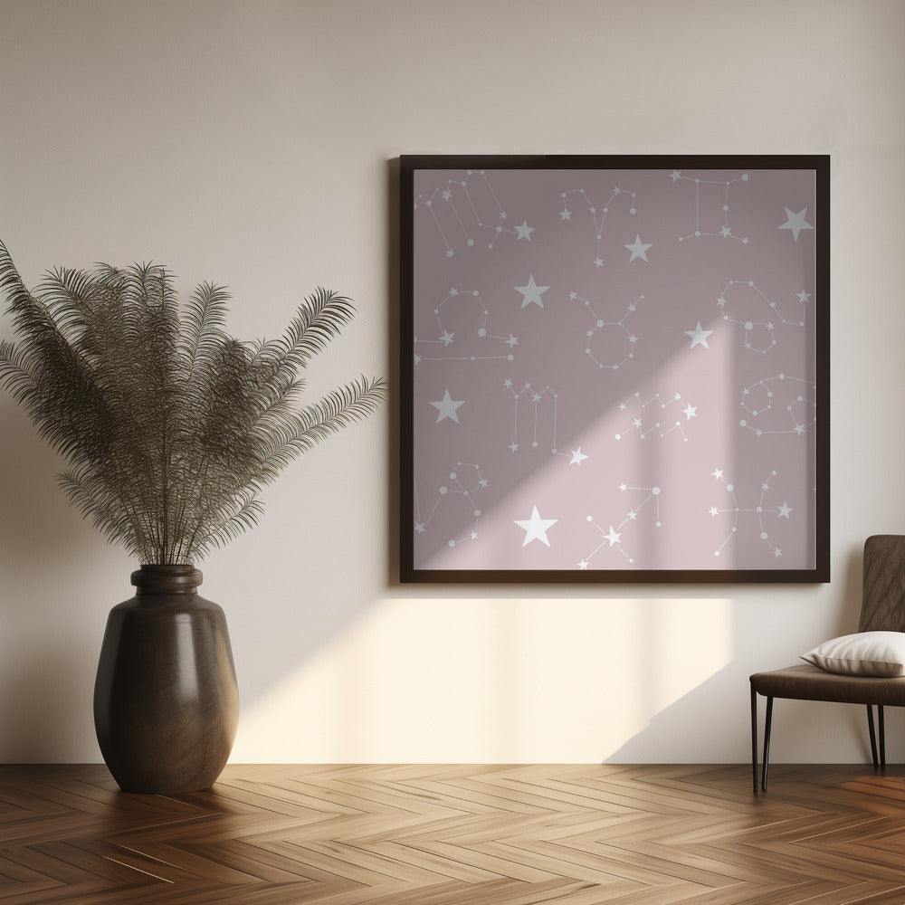 Celestial Constellation Boho-Moon and Stars In Dark Neutral- Mauve Poster