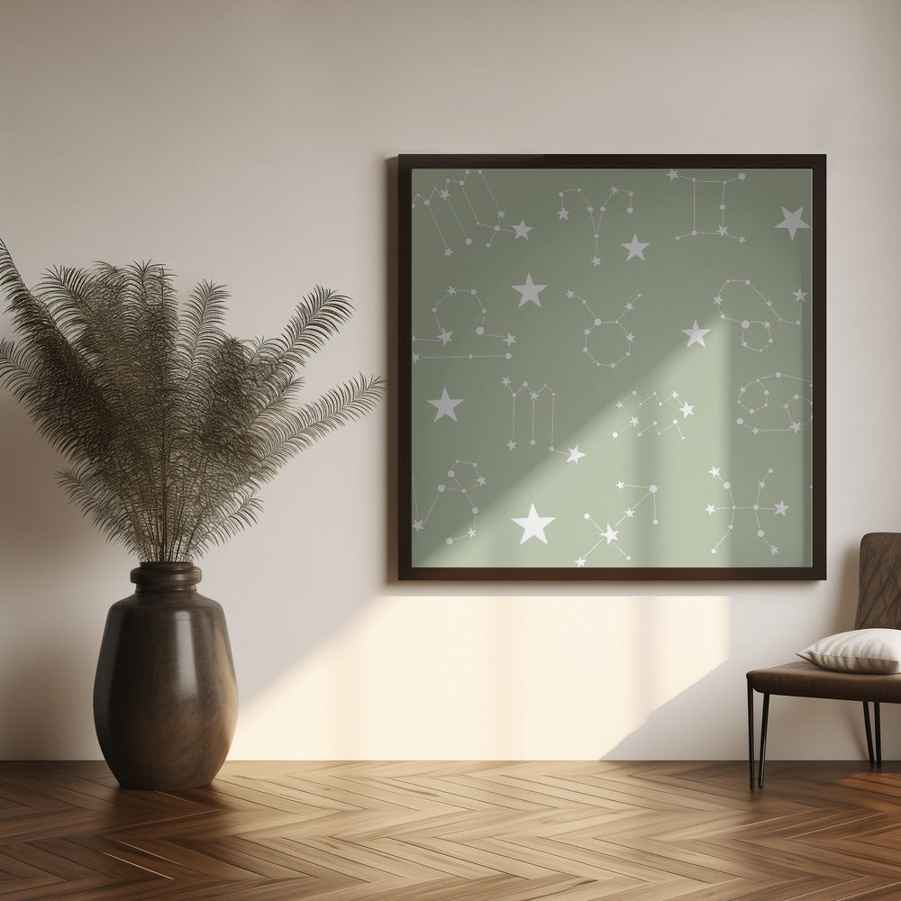 Celestial Constellation Boho-Moon and Stars In Dark Neutral- Sage Poster