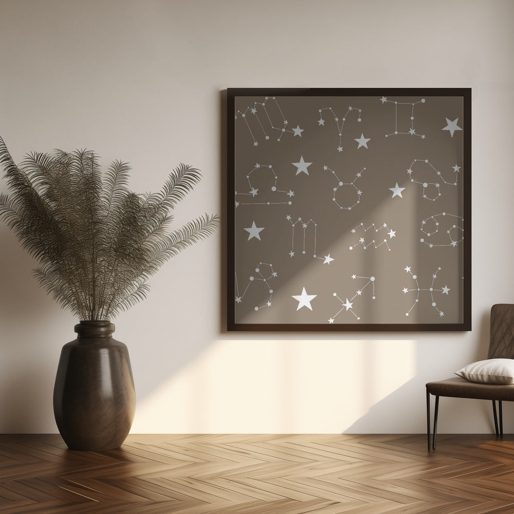 Celestial Constellation Boho-Moon and Stars In Dark Neutral- Taupe Poster