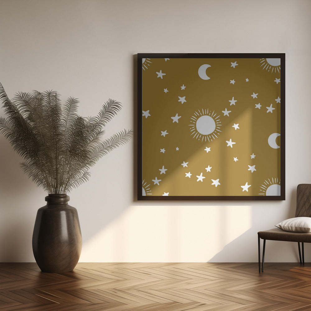 Celestial Dreamscape - Neutral Stars &amp; Shooting Stars Nursery-Golden Olive Poster