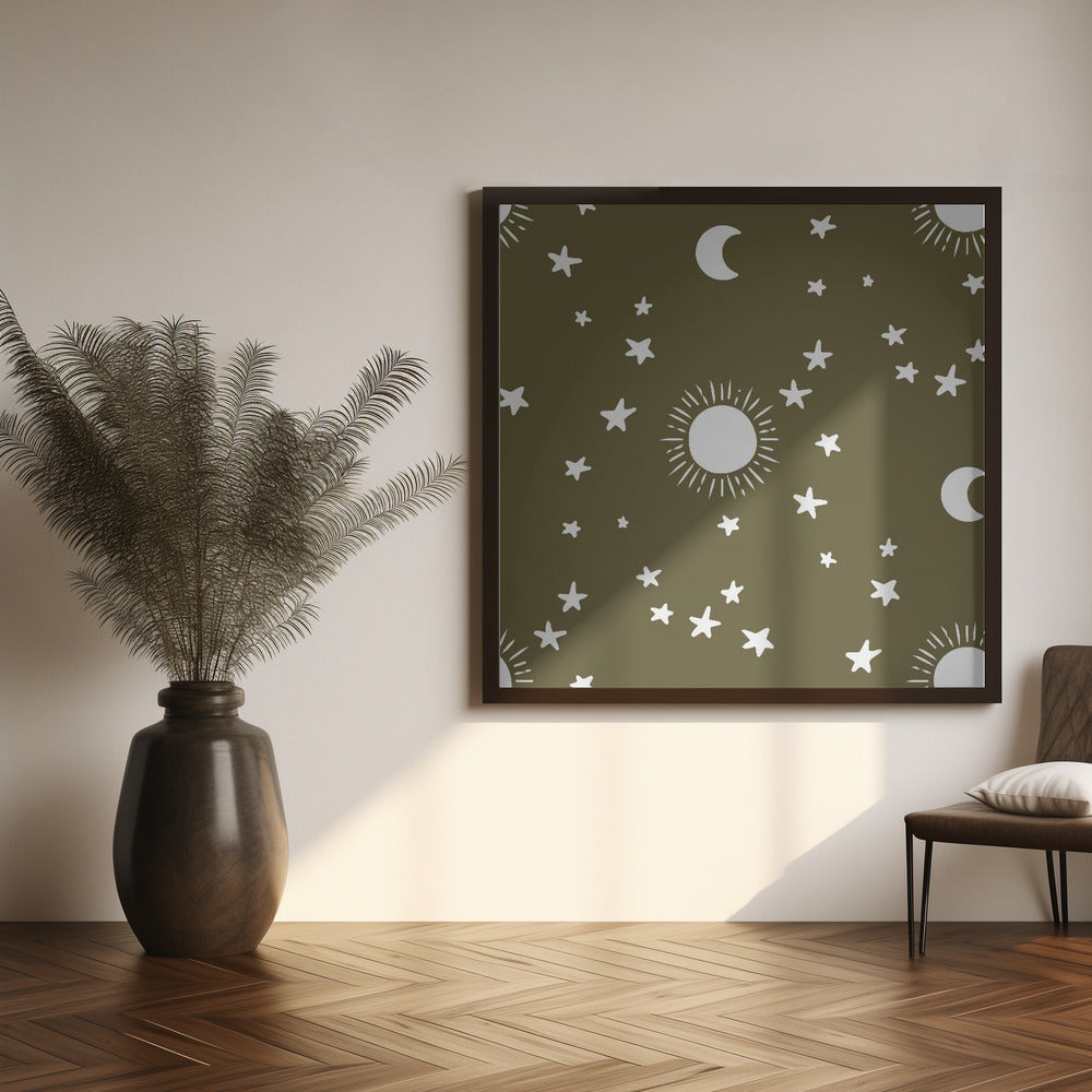 Celestial Dreamscape - Neutral Stars &amp; Shooting Stars Nursery- Olive Poster