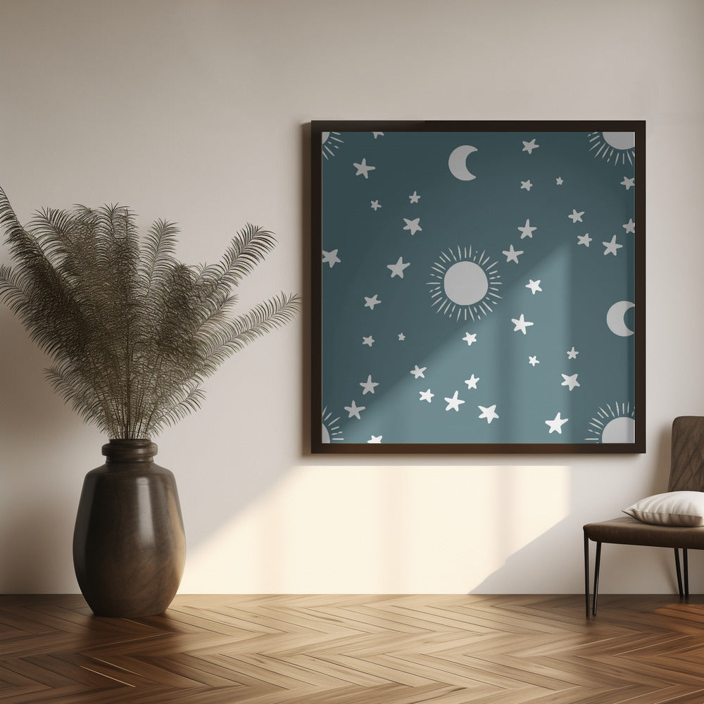 Celestial Dreamscape - Neutral Stars &amp; Shooting Stars Nursery- Slate Blue Poster