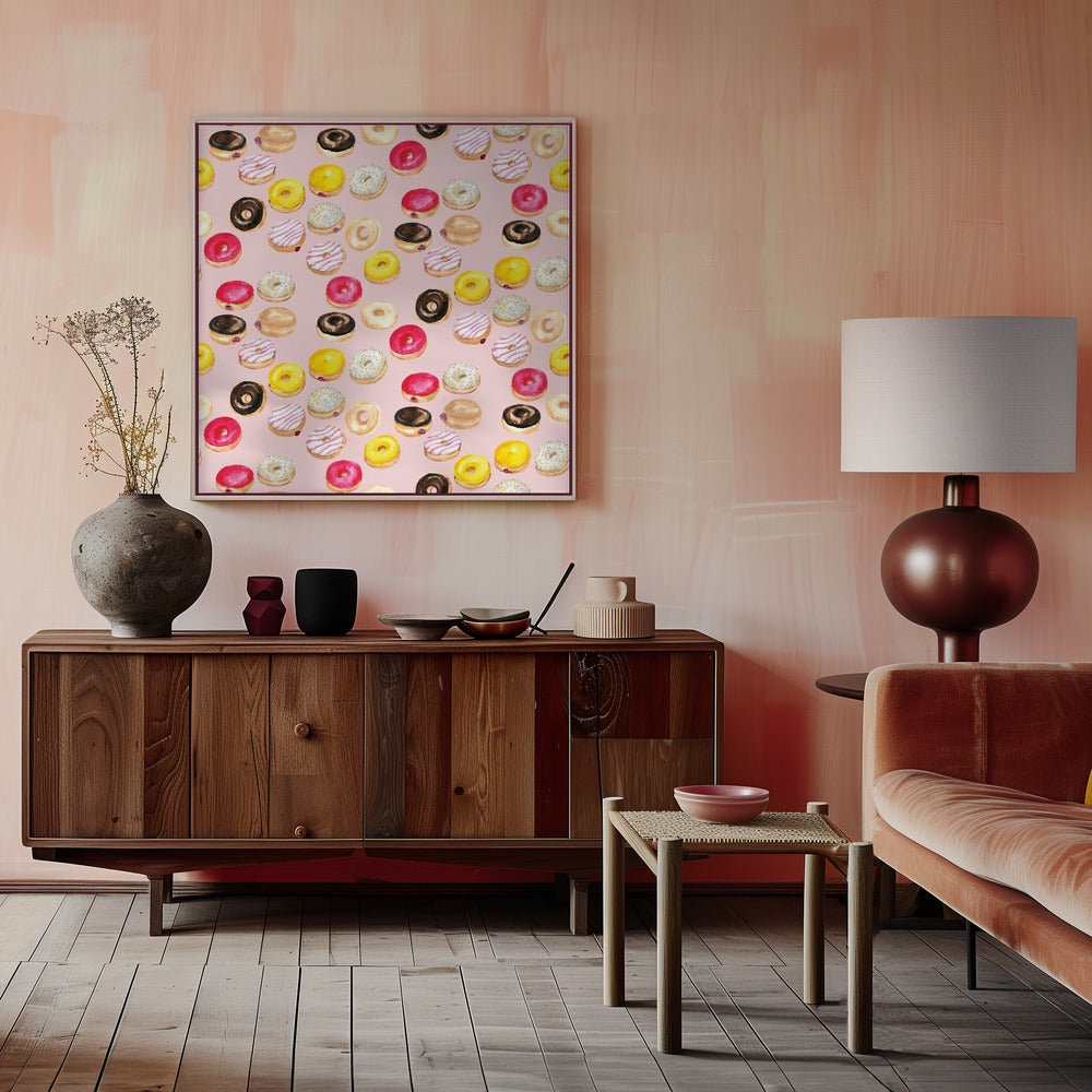 Watercolor donuts pattern in pink Poster