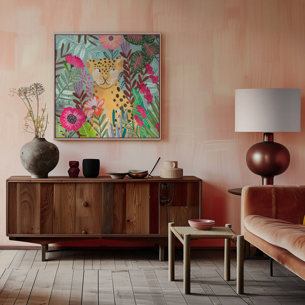 Leopard in floral jungle Poster