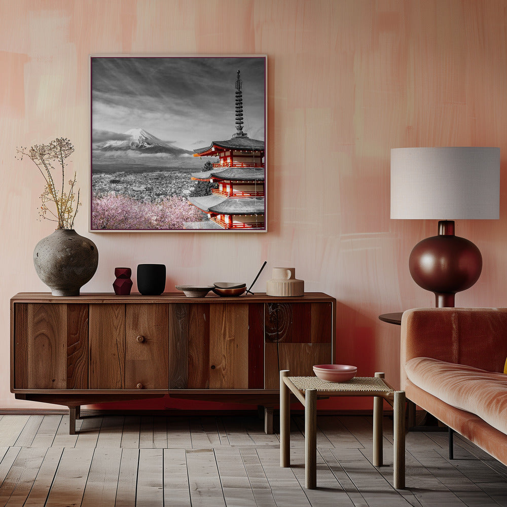 Lovely view of Mount Fuji with Chureito Pagoda during cherry blossom season - colorkey Poster