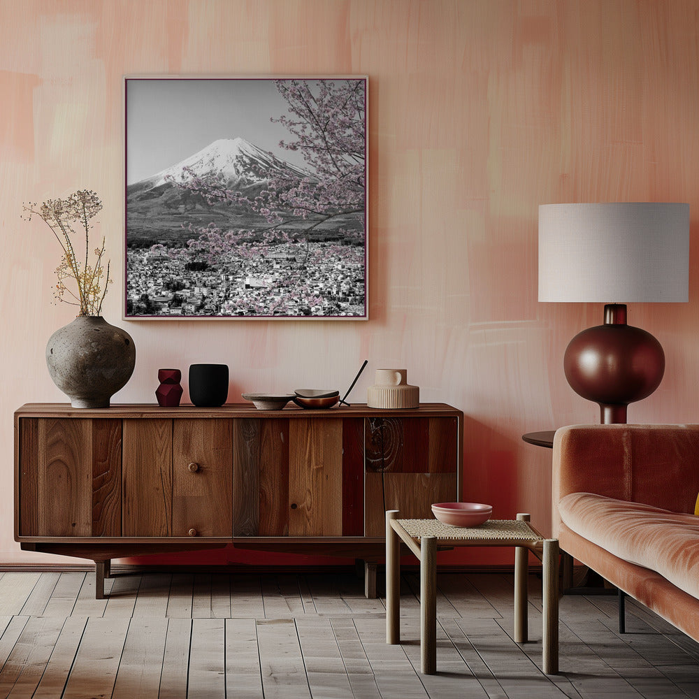 Charming view of Mount Fuji during cherry blossom season - colorkey Poster