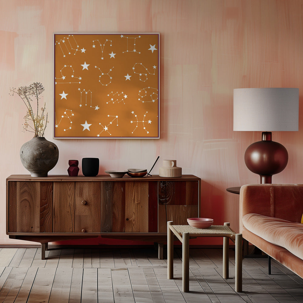 Celestial Constellation Boho-Moon and Stars In Dark Neutral- Ocher Poster