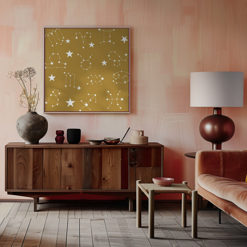 Celestial Constellation Boho-Moon and Stars In Dark Neutral-Mustard Poster