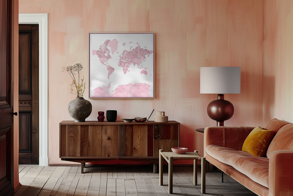 Pink watercolor world map with outlined countries, Melit Poster