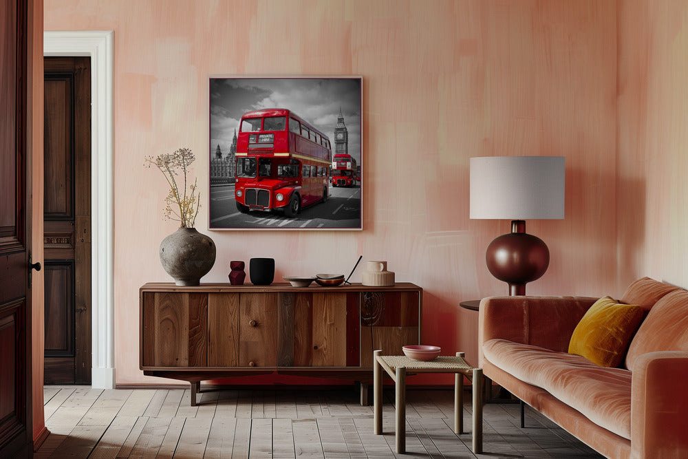 LONDON Red Buses on Westminster Bridge Poster