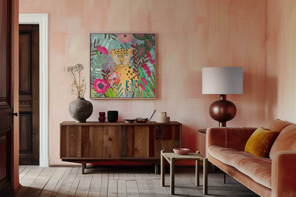 Leopard in floral jungle Poster