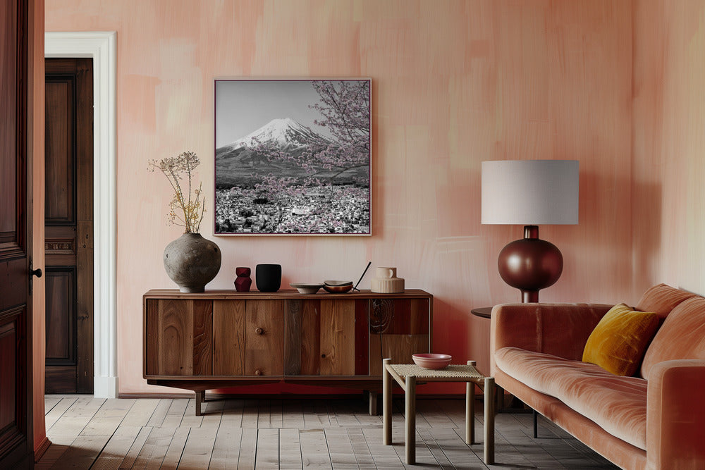 Charming view of Mount Fuji during cherry blossom season - colorkey Poster