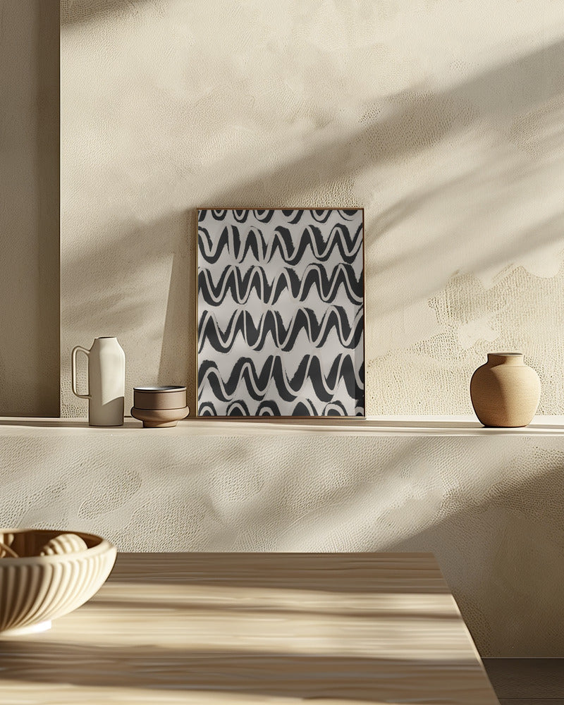 Beige Black Waves Pattern Poster