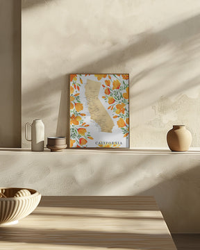 California map with watercolor poppies Poster