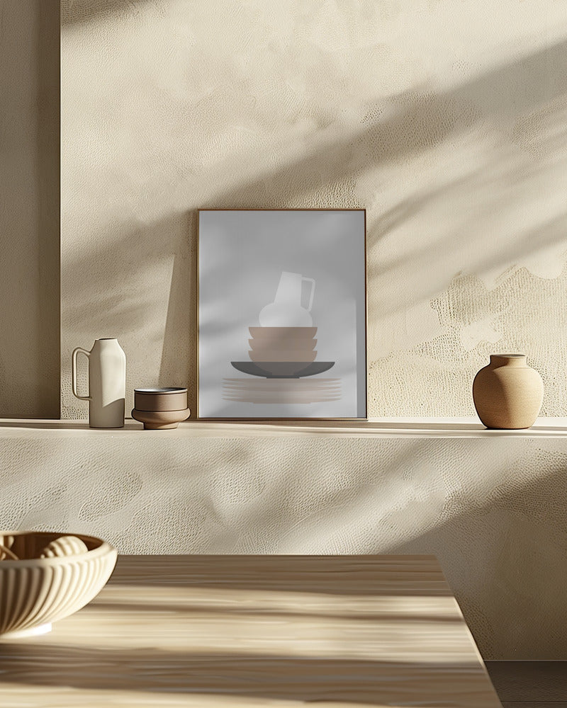 Dishes and vase in gray Poster