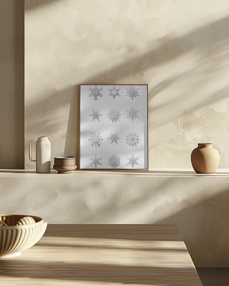 Twelve geometric snowflakes in gray Poster